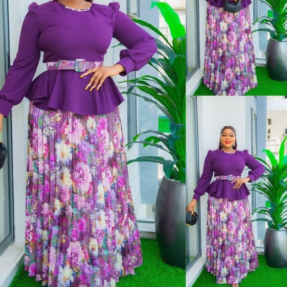 💯FREE SHIP - NWT GORGEOUS PURPLE/PLUM MULTICOLORED FLORAL PLEATED SKIRT SET - Picture 1 of 1